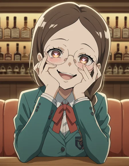 score_9, score_8_up, score_7_up, source_anime, <lora:megumi-takahashi-s1-ponyxl-lora-nochekaiser:1>, megumi takahashi, long hair, brown hair, brown eyes, braid, glasses, hair over shoulder,, school uniform, jacket, blazer, ribbon, red ribbon, green blazer, shirt, white shirt, collared shirt, skirt, pleated skirt, grey skirt,, bar, drinks, stools, counter, nightlife, smile, <lora:yandere-trance-ponyxl-lora-nochekaiser:1>, yandere trance, yandere, hands on own cheeks, hands on own face, crazy eyes, crazy smile, crazy, heart-shaped pupils, glowing eyes, symbol-shaped pupils, hand on own face, open mouth, glowing, blush, looking at viewer,, looking at viewer, solo,, dutch angle, cowboy shot