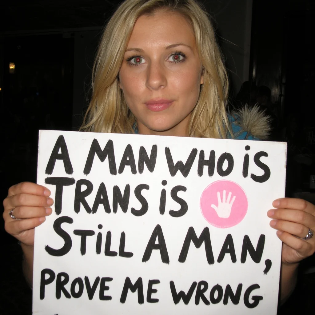 Amateur Party Photography of a woman with blonde hair and red eyes from camera flash looking intimidating, holding a sign in bad handwriting with the text: ((A Man Who is Trans Is Still A Man, Prove Me Wrong)).