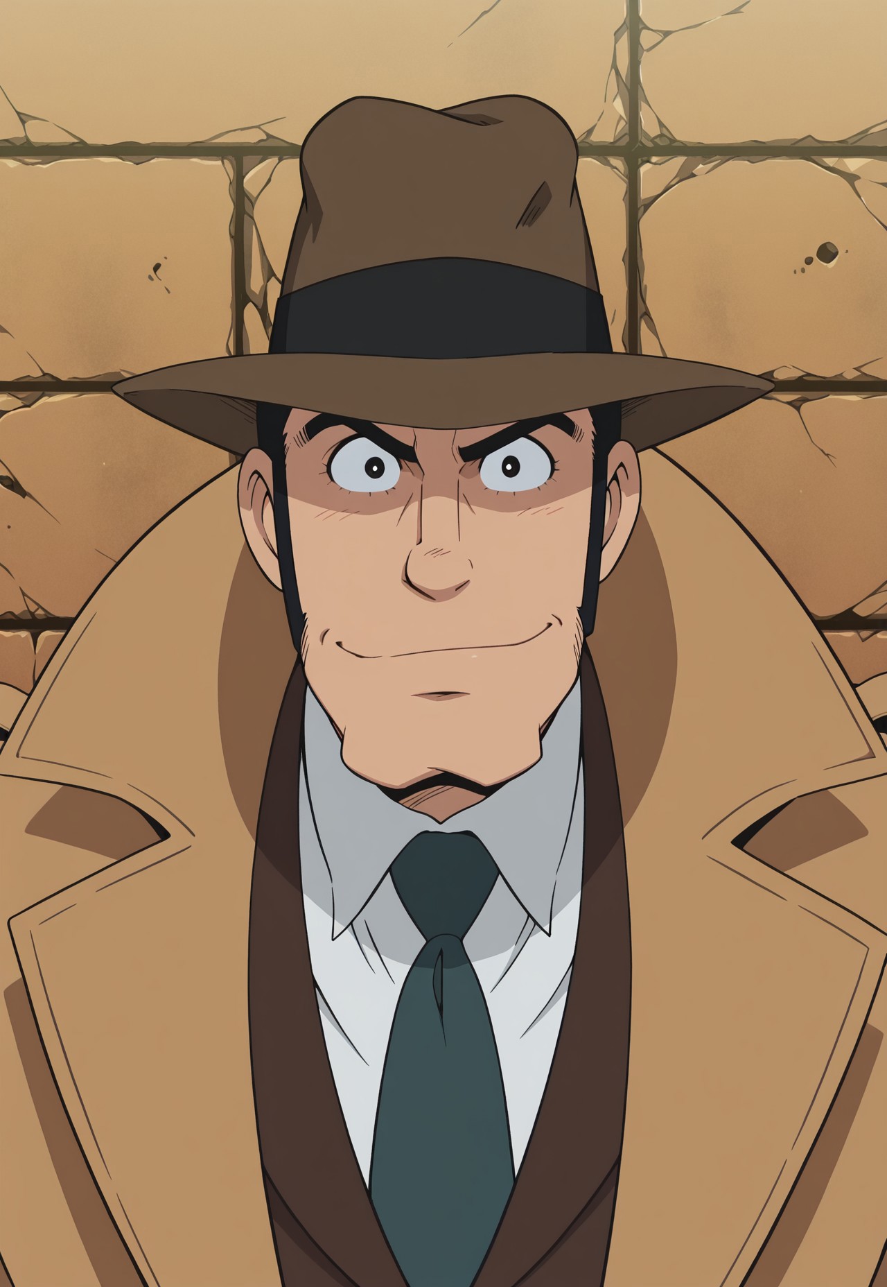 solo, masterpiece, modern, new, 1boy, male, masculine face, daddy looking face,

LupinZenigata, black hair, sideburns, fedora, trench coat, necktie, shirt, headshot, looking at viewer, smiling