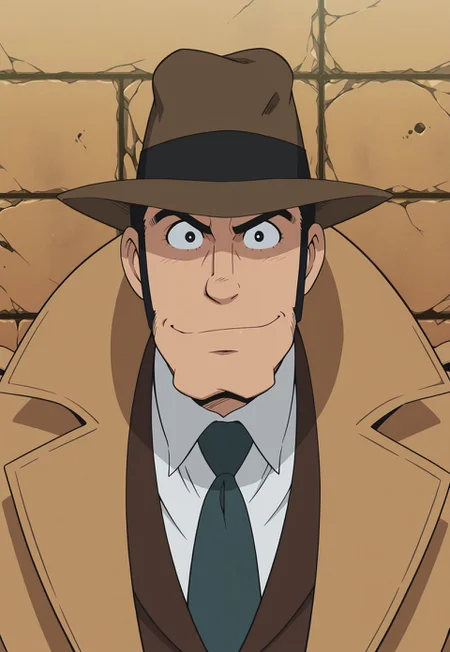 solo, masterpiece, modern, new, 1boy, male, masculine face, daddy looking face,

LupinZenigata, black hair, sideburns, fedora, trench coat, necktie, shirt, headshot, looking at viewer, smiling