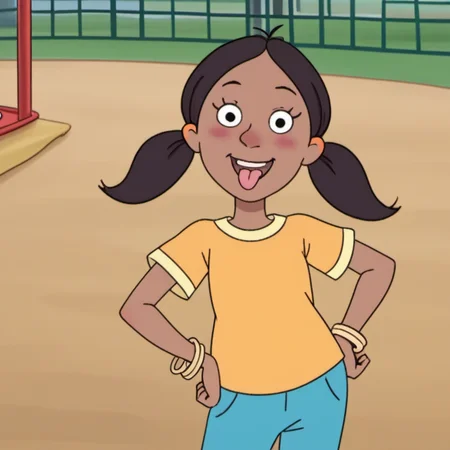 score_9, 1girl, solo, sshh1, twintails, dark skin, yellow shirt, smile, blush, bracelet, blue pants, tongue out, open mouth. hand s on hips, school playground, official style, <lora:sshh1:1>,