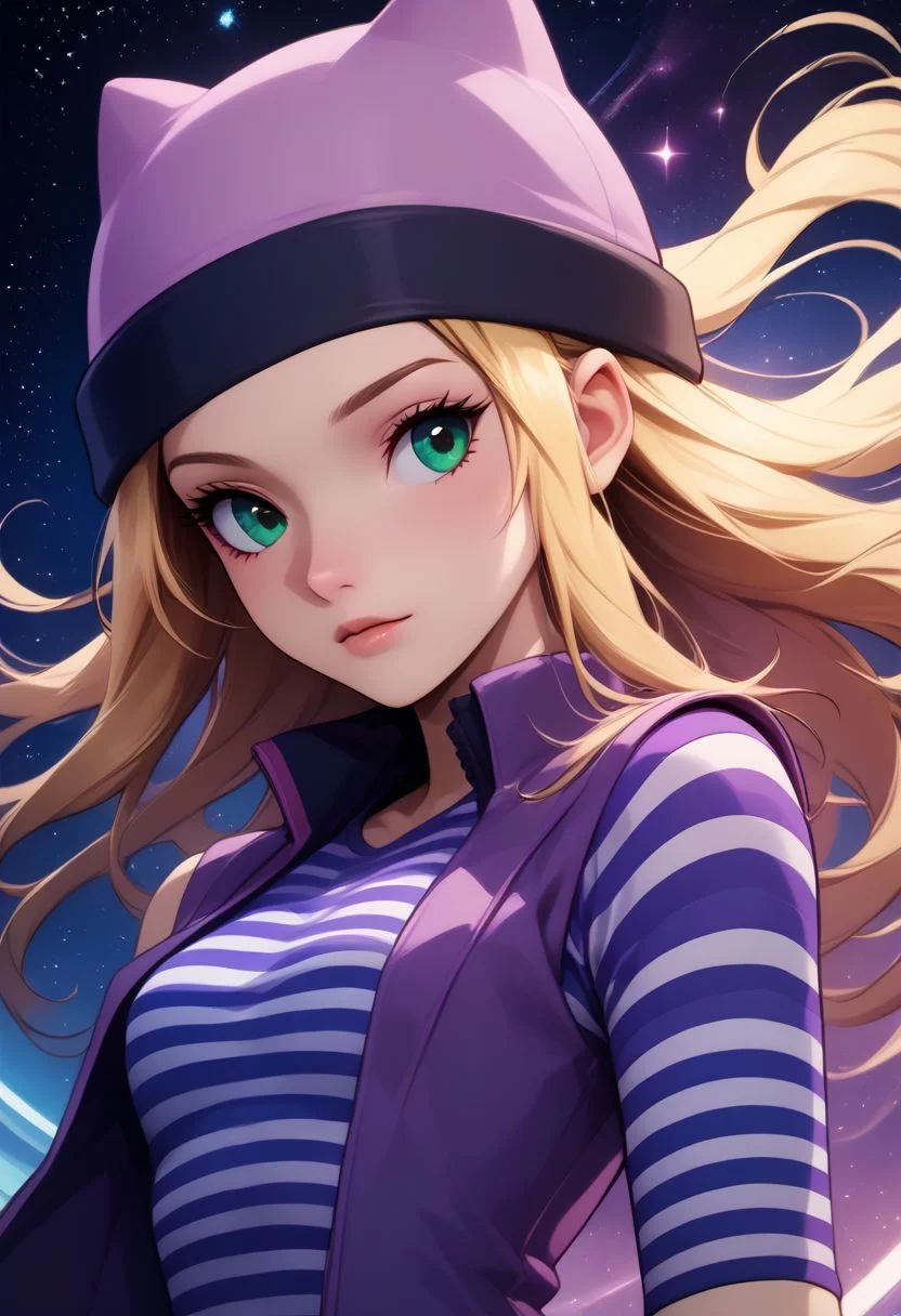 score_9, score_8_up, score_8, medium breasts, (curvy), cute, eyelashes, rating_safe,
BREAK,
zzIzumi, perfect, green eyes, blonde hair, long hair, purple vest, striped shirt, hat,
BREAK,
dynamic angle, stars, floating, colorful, pink, blue eyes, black bow, from side, on back, spaceship, technological,
zPDXL,