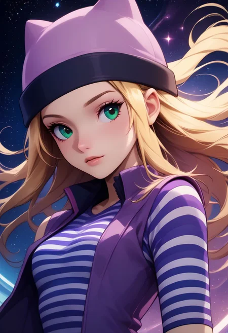 score_9, score_8_up, score_8, medium breasts, (curvy), cute, eyelashes,  rating_safe,
BREAK, 
zzIzumi, perfect, green eyes, blonde hair, long hair,   purple vest, striped shirt, hat,
BREAK, 
dynamic angle, stars, floating, colorful, pink, blue eyes, black bow, from side, on back, spaceship, technological,
zPDXL,