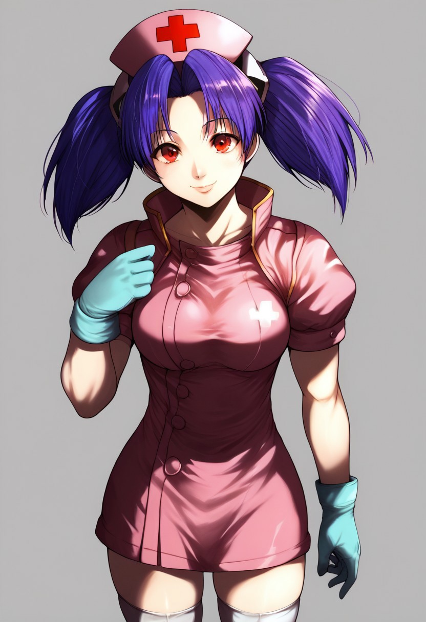 score_9, score_8_up, score_7_up, source_anime, anime illustration, masterpiece, best quality, lots of details, BREAK zPDXLx, mur4k4mi-ip,bloody roar 2,alice tsukagami /(2 outfit/),1girl,solo,hat,gloves,,nurse cap,red cross hat,twintails,nurse,red eyes,thighhighs, skirt smile,looking at viewer,breasts,blue hair,short sleeves,purple hair,