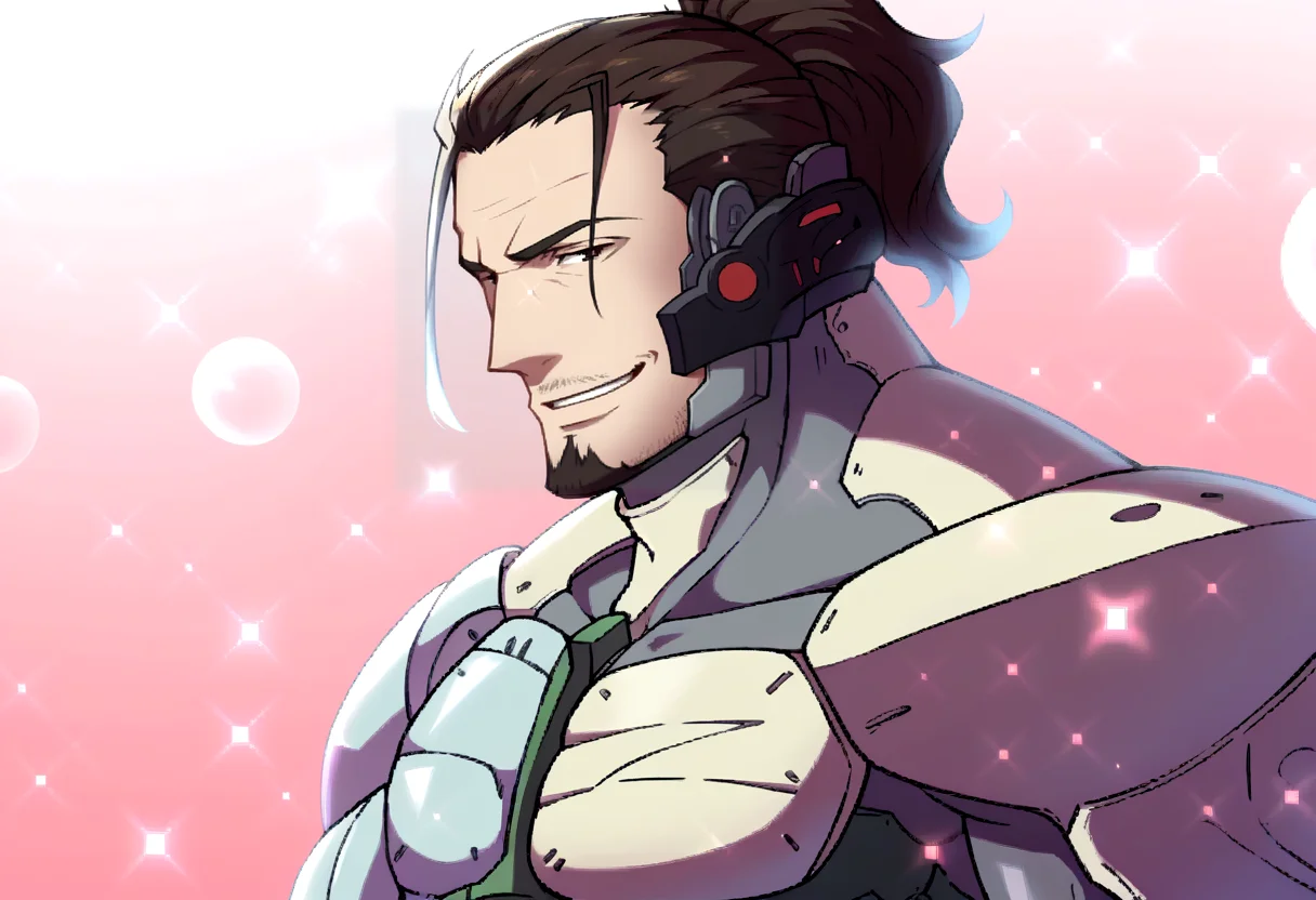 score_9, score_8_up, score_7_up, source_anime, BREAK, solo, 1boy, smile, looking at viewer, <lora:FEA-S-Rank-pdxl_Fp:1>, pink background, sparkle, bubble, <lora:JetstreamSam_XLPD:0.9>, JetstreamSam, cyborg, bodysuit, headgear, beard, upper body, from side,
