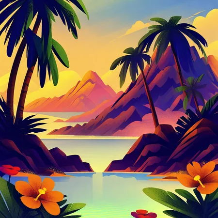 illustration,flower,outdoors,sky,day,cloud,water,tree,blue sky,no humans,plant,nature,scenery,sunset,mountain,palm tree,<lora:scenery illustration:1>,