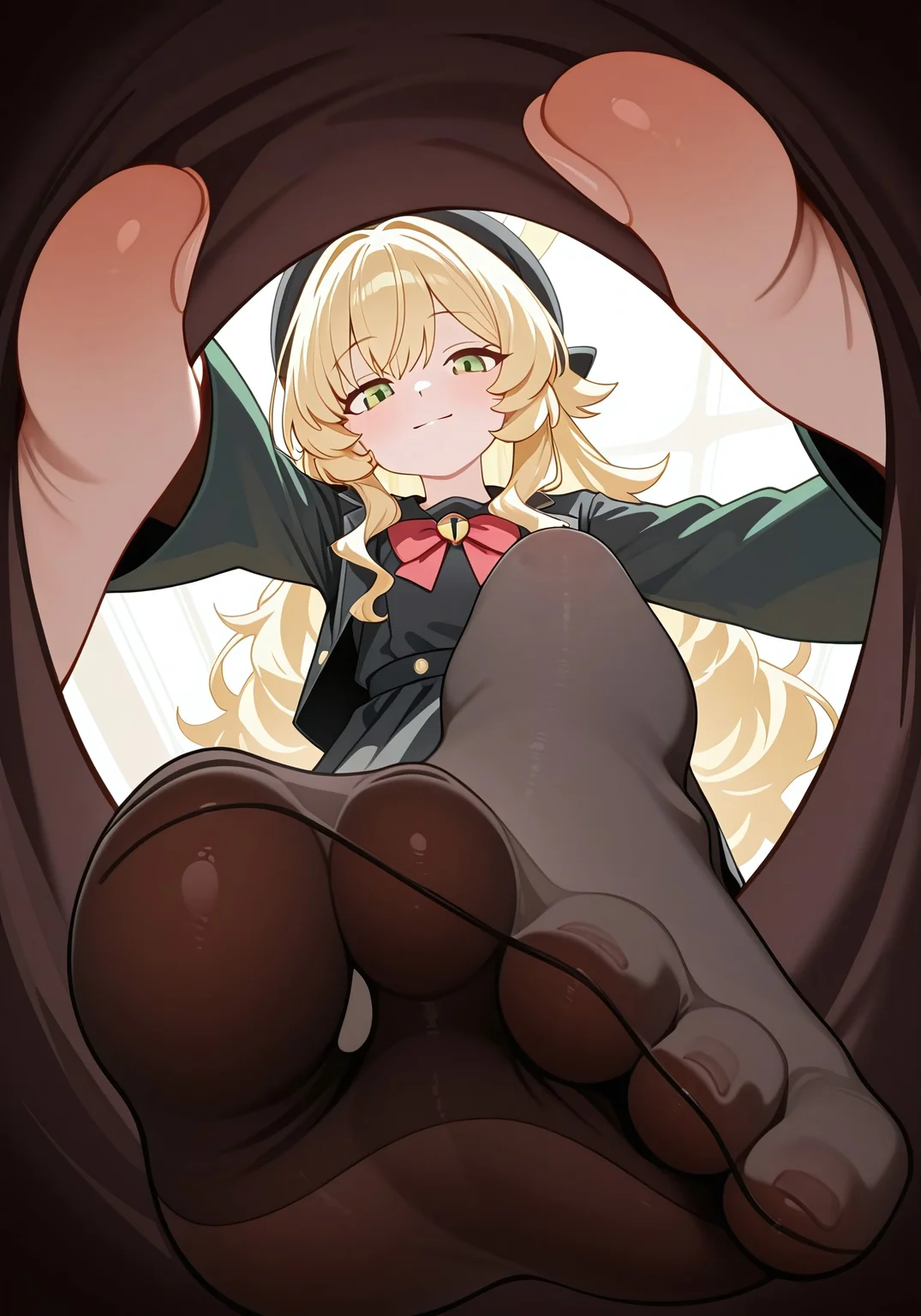 (best quality,8K, masterpiece：1.3),anime,very aesthetic, absurdres，featured ，finely detail，((extremely detailed,8k wallpaper)),illustration,Amazing,highres,intricate detail,female focus, (beautiful detailed girl)，dynamic pose, delicate facial features, soft lighting, clean lineart, anime style, 

bootpov, black boots, foreshortening, looking at viewer, foot focus, from below, ceiling, expressionless,soles,seductive smile,arrogant,foreshortening,finger,fingernails,foot focus,spread toes,(pantyhose feet),black pantyhose,

professor niyaniya (blue archive)，(black dress,beret,double-parted bangs,long sleeves,red bow,sidelocks,emerald green eyes,blonde hair,yellow halo:1.3)，
