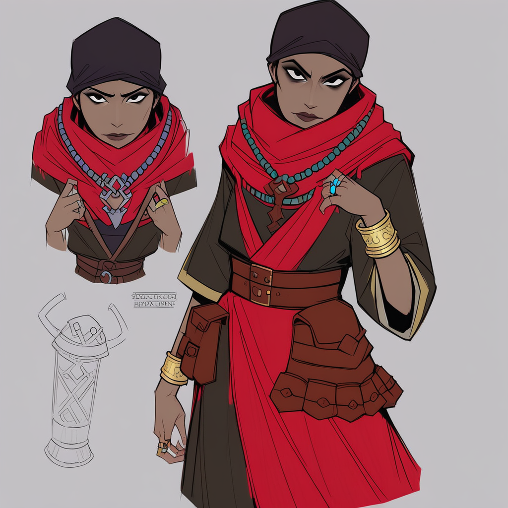 score_9, score_8_up, score_7_up, masterpiece, best quality, newest, absurdres, highres, DDAntiq-V1.1, scarf, bandana, robe, dark-skinned female, dark skin, belt pouch, pouch, necklace, belt, ring, bracelet, DDstyle, official style, black eyes, shaded eyes,