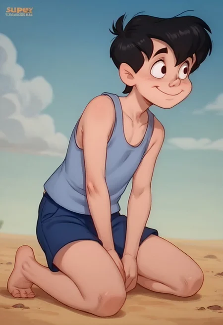 score_9, score_8_up, score_7_up, score_6_up, 1boy, solo, male, Neddiehugson, 1boy, solo,  black hair, short hair, black eyes, thin body, thin face, short stature, cute boy, big smile, shy, tank top, shorts, barefoot, sitting down, legs spread leaning forward, hands between legs