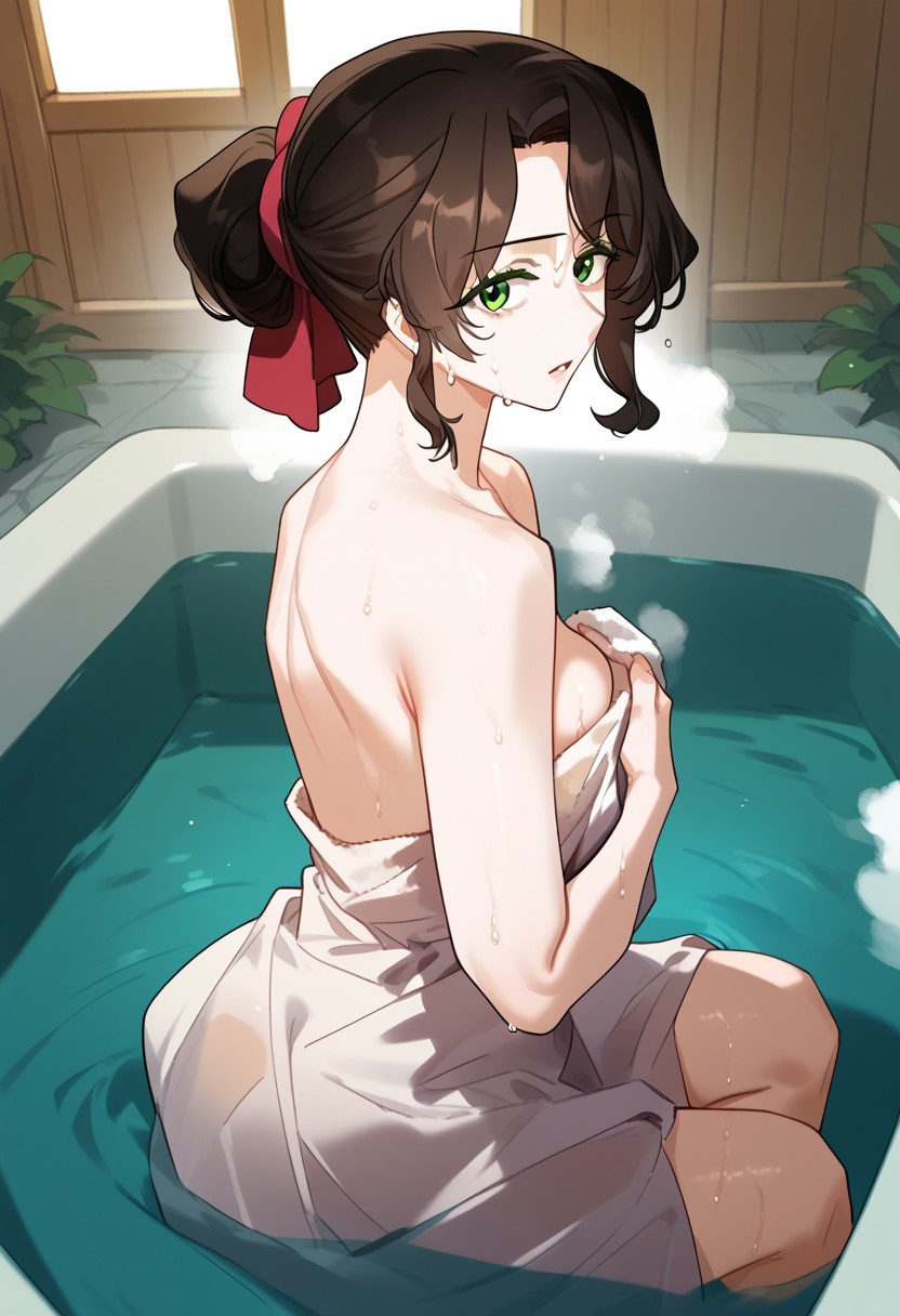 zPDXL3, score_9_up, score_8_up, score_7_up, (Anime_source), 1girl, Mildred, green eyes, green eyebrows, brown hair, long hair, updo hair, towel, covering, parted lips, sitting in hot tub, cowboy shot, steam, wet, looking at viewer, from side, from above