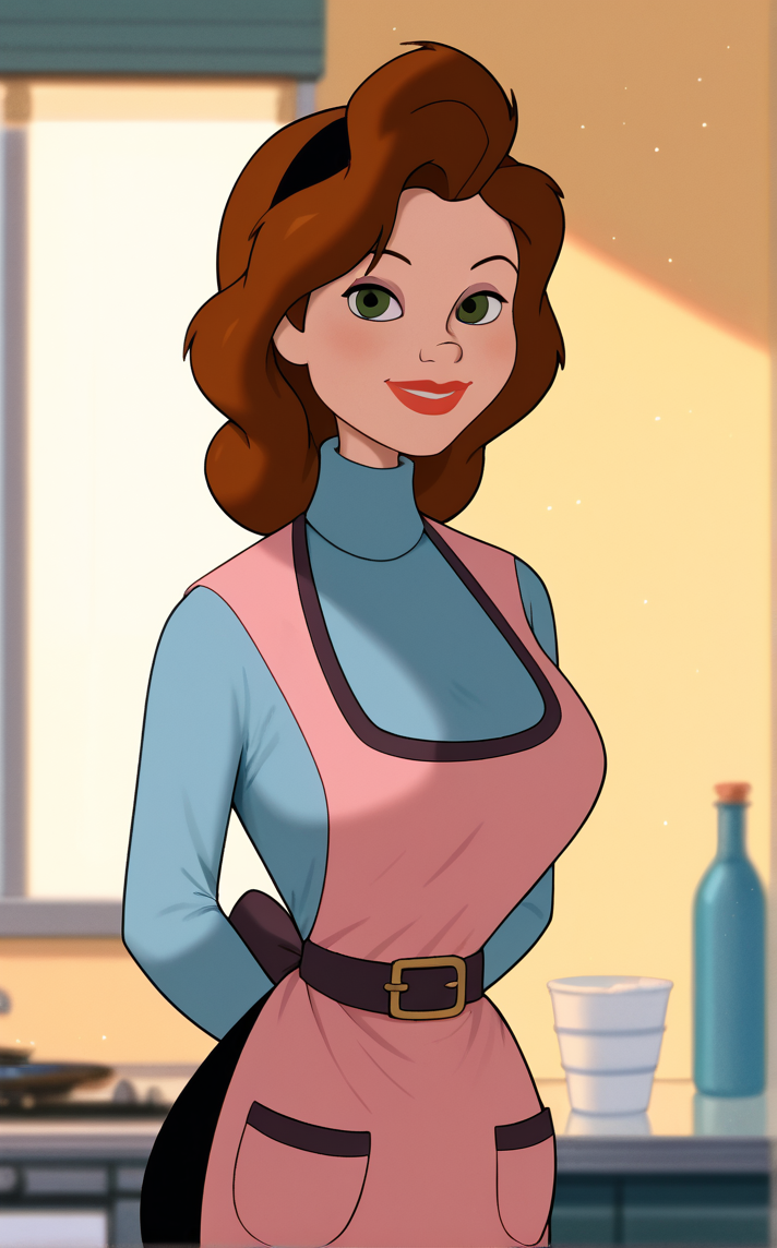 score_9, score_8_up, score_7_up, absurdres, contrapposto, arms behind back, cowboy shot, looking at viewer, backlighting, light smile, light particles, blurry background, depth of field, bloom, gradient background, yellow background, spotlight, <lora:PONYXL_IronGiant_AnnieHughes_ownwaifu:1>, BREAK BlueShirt_AnnieHughes_ownwaifu, 1girl, apron, black belt, black hairband, black pants, blue shirt, blue sweater, breasts, brown apron, brown hair, curly hair, eyeshadow, green eyes, large breasts, leggings, lips, lipstick, long hair, long sleeves, makeup, mature female, nose, pink apron, pocket, red lips, turtleneck,  turtleneck sweater,<lora:add-detail-xl:0.15>,