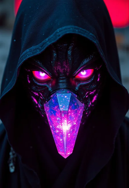 Surrealism black light Backlight, Very detailed, extreme Face Closeup of an eerie horned shinobi with a holographic crystalline Mask, iridescent blue energy lines pulsing across its surface, glowing purple-shaded eyes, atmospheric haze, Film grain, cinematic film still, shallow depth of field, highly detailed, high budget, pastel Neon pink and deep red