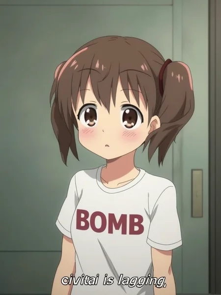 An anime screencap of a cute girl with short brown hair in pigtails in a white shirt standing in front of a closed door. Her shirt has the text "BOMB". There are subtitles at the bottom with the text "civitai is lagging"