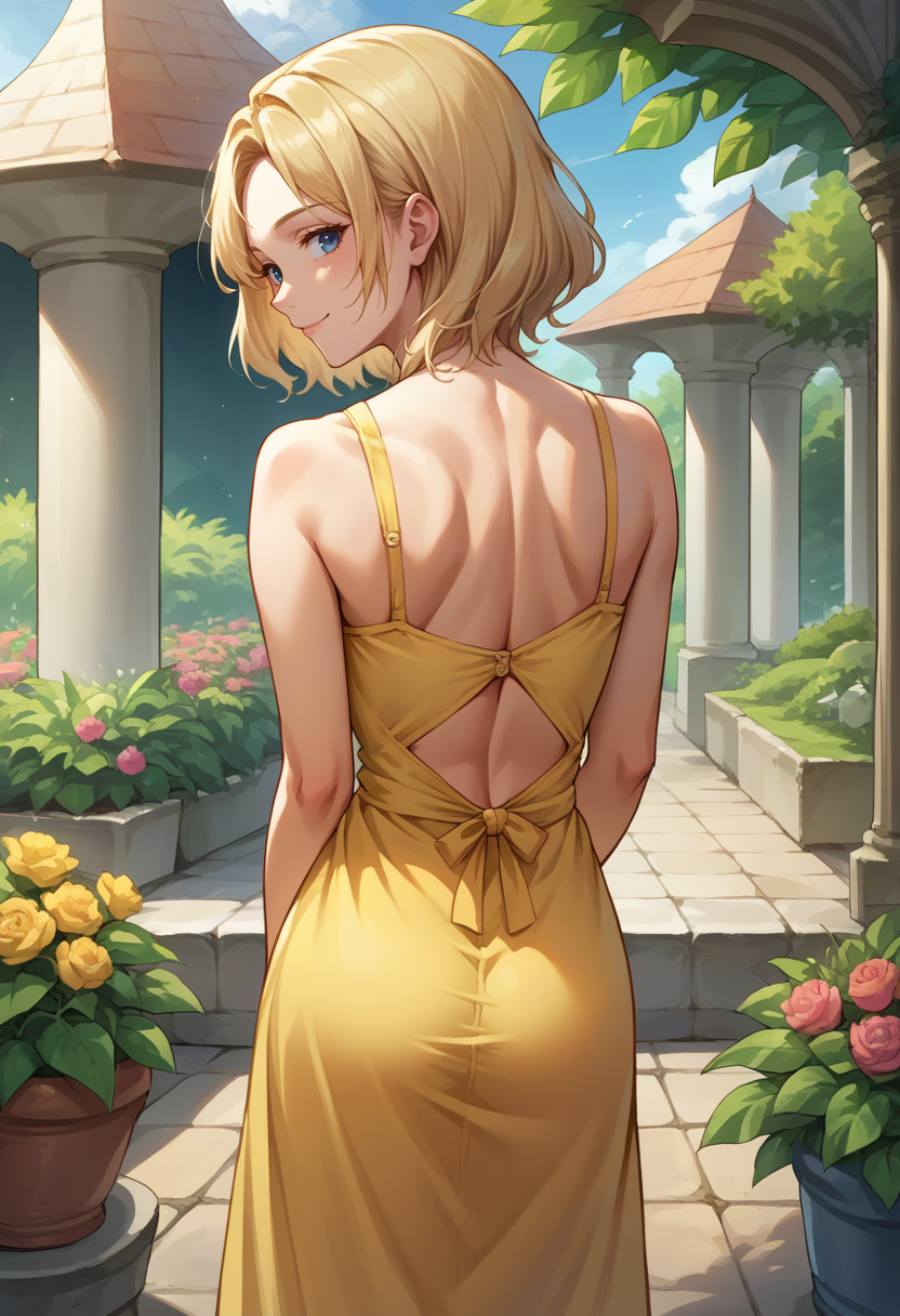 score_9, score_8_up, source_anime, 1girl, solo, Ashelia, medium hair, blonde hair, blue eyes, from behind, yellow sundress, garden, day, sunshine, smile, looking back, <lora:CHAR-AsheliaPonyXL:1>