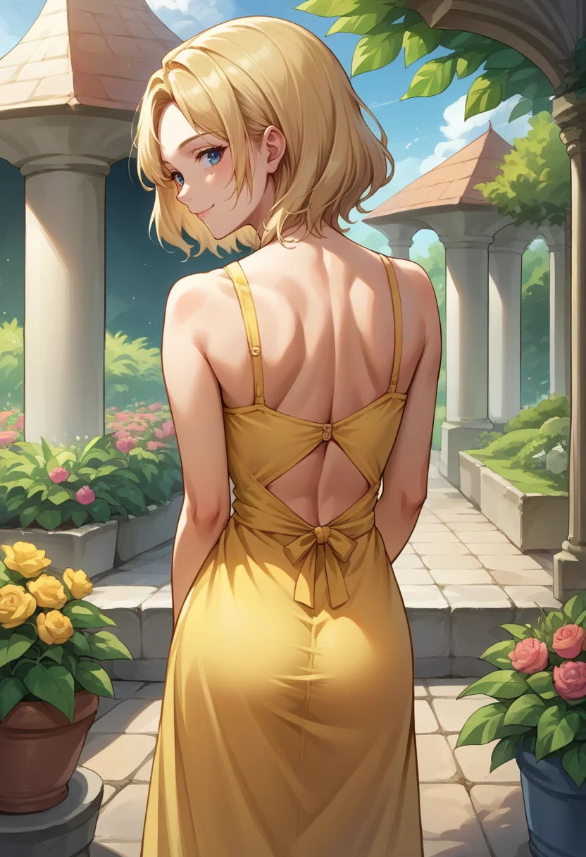 score_9, score_8_up, source_anime, 1girl, solo, Ashelia, medium hair, blonde hair, blue eyes, from behind, yellow sundress, garden, day, sunshine, smile, looking back, <lora:CHAR-AsheliaPonyXL:1>