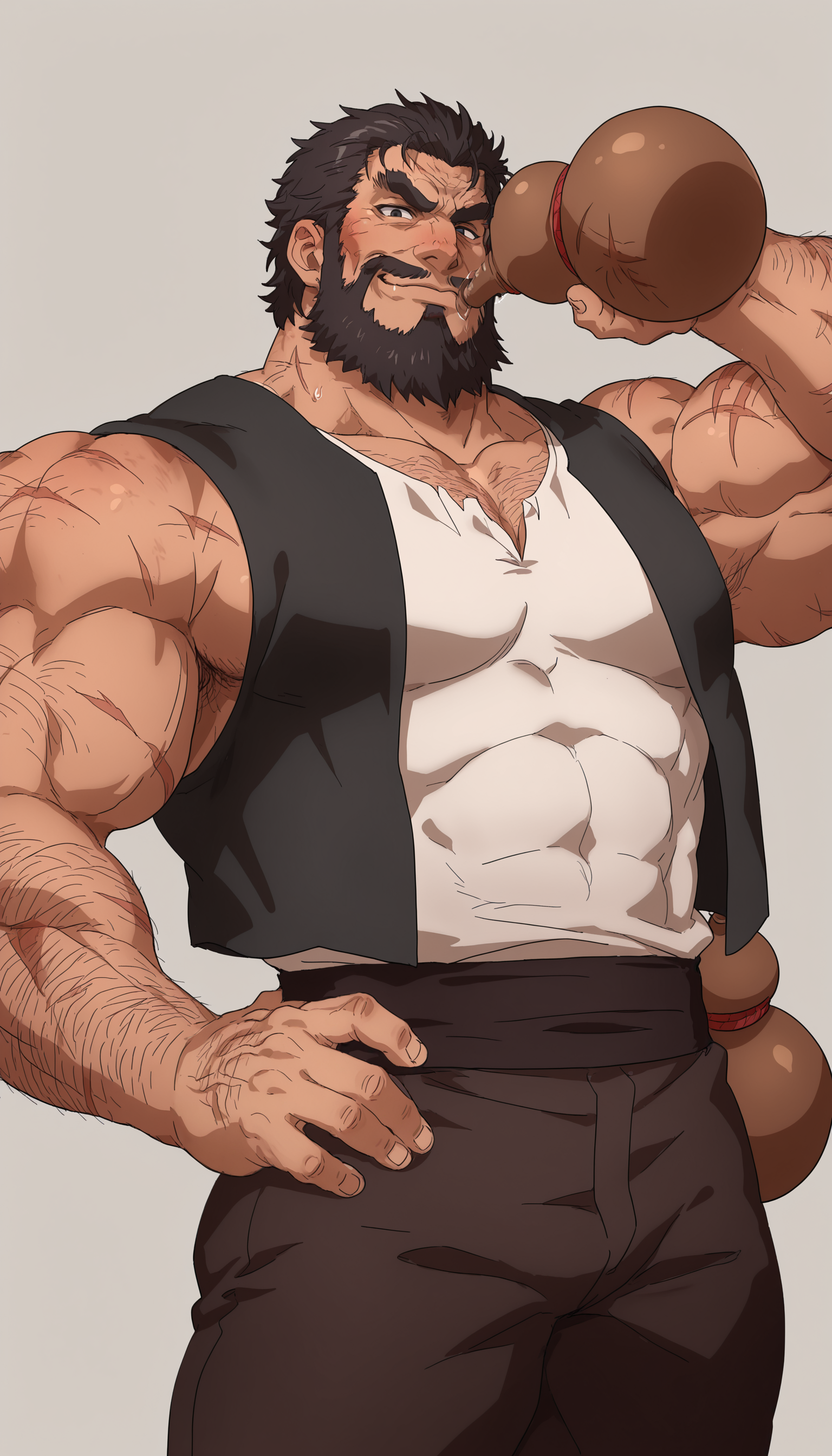 1boy,male focus,solo,simple background,

MaSogetsu,dark hair,short hair,black eyes,sharp eyes,beard,mustache,thick eyebrows,sharp eyebrows,strong jawline,mature male,wrinkled,arm hair,black vest,white tank top,scars on body,rough skin,wrinkled,wrinkled skin,

mature male,muscular,manly,

smirk,closed mouth,looking at viewer,

one arm up,drinking,gourd,hand on hip,standing,

masterpiece, best quality, newest, absurdres, highres,