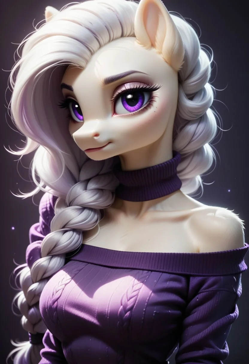 score_9, score_8_up, score_7_up, source_pony, 1girl, solo, furry, sexy sweater dress, purple dress, scoop neck, long sleeves, bare shoulders, black choker, d4rkv10l3t, white hair, single braid, purple eyes,