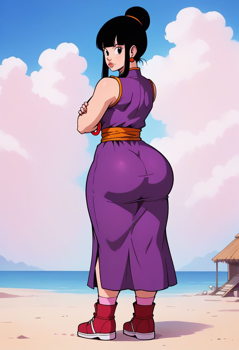 score_9, score_8_up, score_7_up, , looking back, looking at viewer, 1 girl,chi-chi, black hair, sidelocks, earrings, blunt bangs, hair bun, black eyes, red bracelet, crossed arms, single hair bun, red footwear, purple dress, orange neckerchief, pink leg wear, orange sash, sleeveless, medium breasts, wide hips, plump, buxom, outdoors, sunny, sky, clouds, street, thick thighs, big ass, wide hips, narrow waist,  big ass, round ass,  bimbo