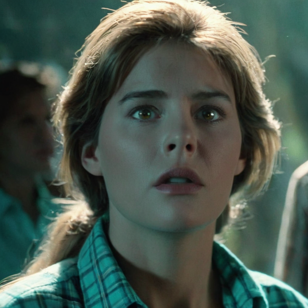 Hyperrealistic art of  <lora:Fright Night 1985 Film Style:1>
Cinematic Closeup Shot Film Footage captured by Panavision Cameras and Lenses, Amy Peterson a woman with a turquoise shirt and a plaid shirt staring at camera with a surprise look on her face Fright Night 1985 Film Style, Extremely high-resolution details, photographic, realism pushed to extreme, fine texture, incredibly lifelike