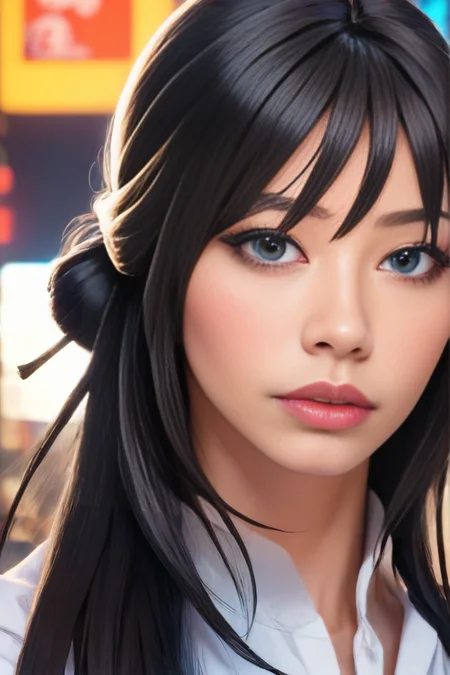 Li-Da JOO, score_9, score_8, score_7, source_anime, an image of LiDaJooDove woman, zPDXL2, masterpiece, best quality, 1woman, half updo, choppy bangs, white collared sleeveless blouse, black skirt, upper body, looking at viewer, city street, late at night, <lora:LiDaJooDove9:1>, long hair, perfect blue eyes