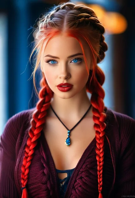 1girl, bellissima, blonde hair, blue eyes, blurry, cleavage, dark skin, jewelry, lips, looking at viewer, multiple braids, realistic, red hair, solo, sweater, upper body