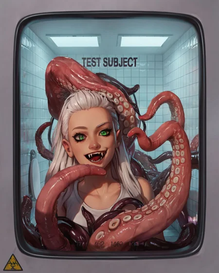 source_anime, <lora:testchamberV2:0.8> testchamber, glass wall with text "TEST SUBJECT", clean, close-up,1girl, long hair, white hair, smile, standing, green eyes, fangs, tentacles, tiles, bathroom,, score_9, score_8_up, score_7_up, score_6_up, score_5_up, score_4_up, ponypositive,