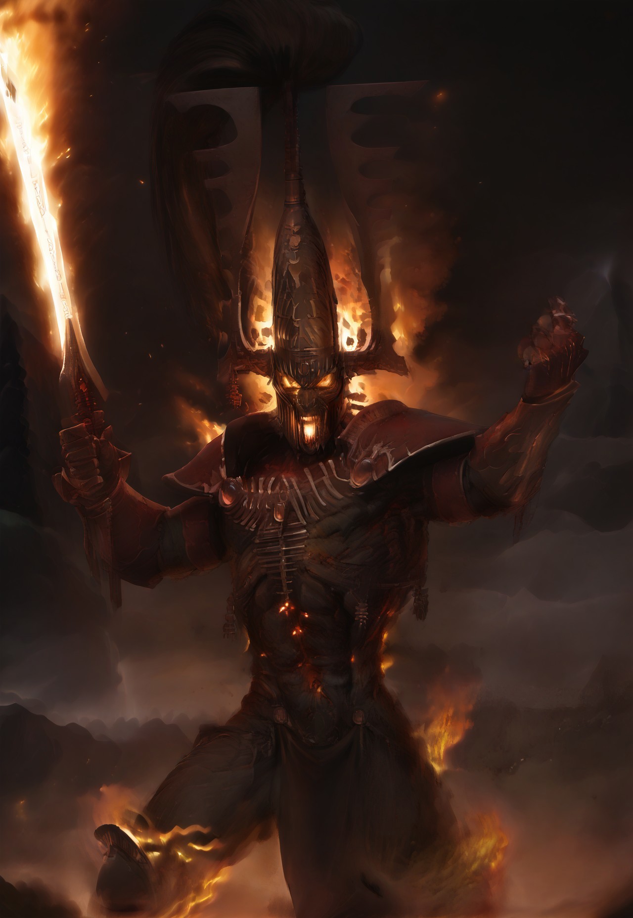 (absurdres, best quality, masterpiece:1.4), score_9, score_8_up, score_7_up, score_6_up, detailed, detailed body, detailed face, 

avaKhaine, burning sword, burning mouth, armor, helmet, 

dynamic pose, 

mountain background