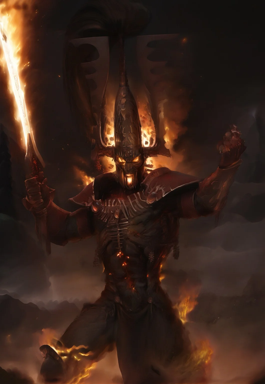 (absurdres, best quality, masterpiece:1.4), score_9, score_8_up, score_7_up, score_6_up, detailed, detailed body, detailed face,
avaKhaine, burning sword, burning mouth, armor, helmet,
dynamic pose,
mountain background