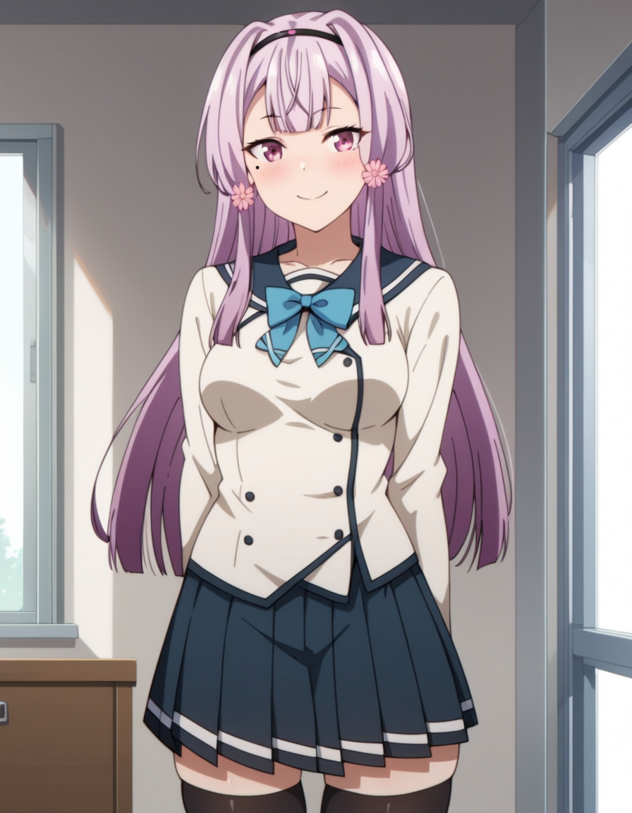score_9, score_8_up, score_7_up, source_anime, uncensored, <lora:StS_detail_slider_v1:3>, zPDXLxxx, <lora:Sakura_Akino_PONYXL_VexVexX:1>, SakuraAkino, 1girl, pink eyes, pink hair, long hair, sidelocks, hair ornament, hair flower, hairband, mole under eye, bangs, medium breasts, school uniform, serafuku, black thighhighs, pleated skirt, long sleeves, blue bow, cowboy shot, indoors, from front, standing, hands behind back, looking at view, thighs, smile,