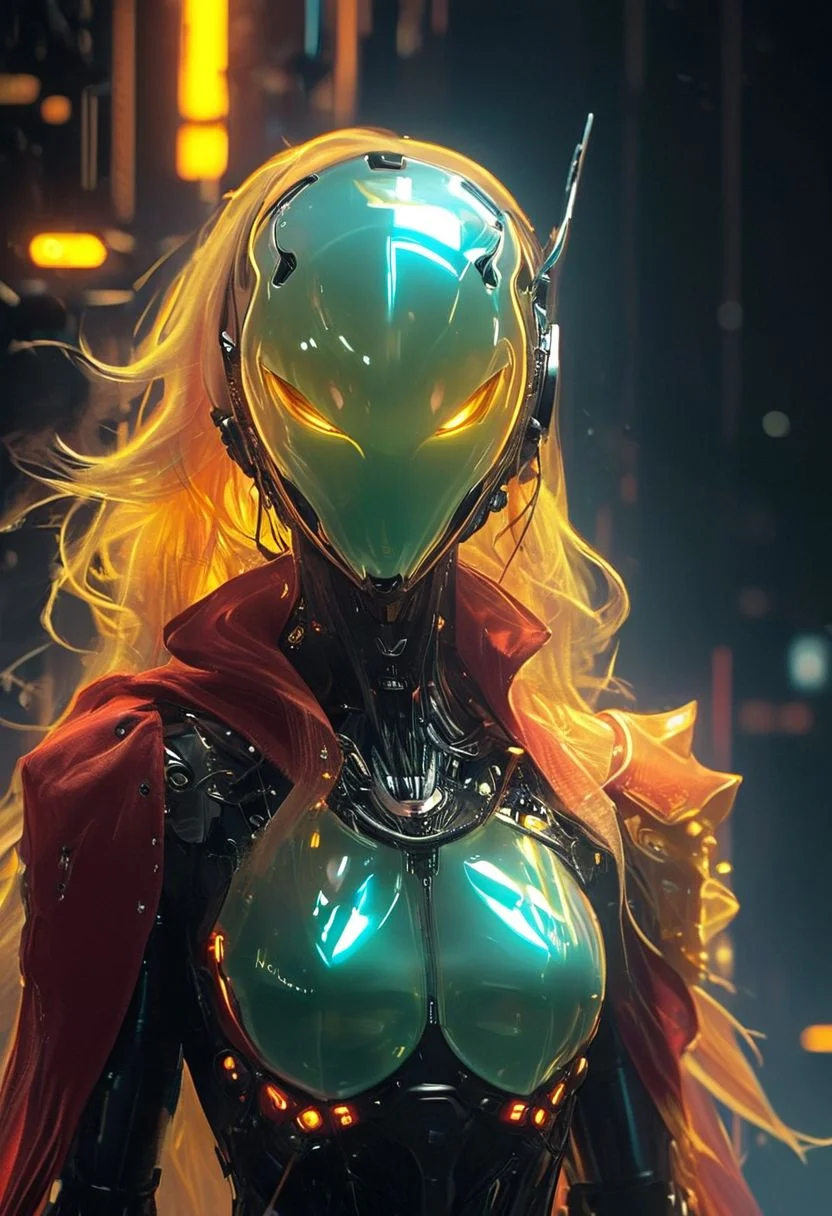resembling intricately-detailed daft punk, an excentric laughing feudal wired-cyborg hkfuture Rococo shinobi, vibrant translucent DARK-AMBER colorful, 80s synthwave style, translucent red velvet high collar blouse, the face shrouded in darkness, a Large hooded Linen Cape with Highlights and Ornaments, volumetric lighting, 4esthet1c background, ultra detailed, deep Blacks, very detailed, atmospheric haze, Film grain, cinematic film still, shallow depth of field, highly detailed, high budget, cinemascope, moody, epic