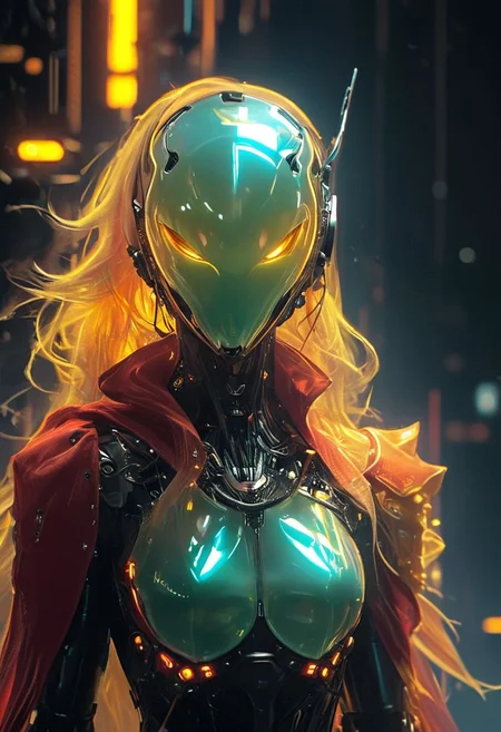 resembling intricately-detailed daft punk, an excentric laughing feudal wired-cyborg hkfuture Rococo shinobi, vibrant translucent DARK-AMBER colorful, 80s synthwave style, translucent red velvet high collar blouse, the face shrouded in darkness, a Large hooded Linen Cape with Highlights and Ornaments, volumetric lighting, 4esthet1c background, ultra detailed, deep Blacks, very detailed, atmospheric haze, Film grain, cinematic film still, shallow depth of field, highly detailed, high budget, cinemascope, moody, epic