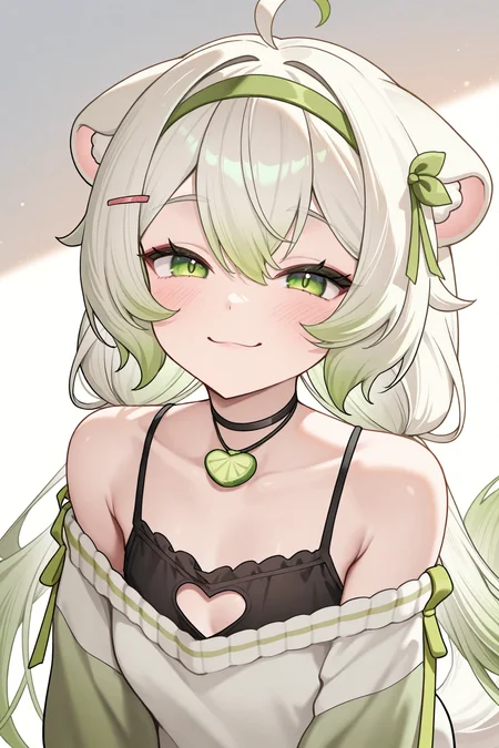 masterpiece, best quality, newest, absurdres, highres, 1girl, solo, laimu \(vtuber\), gradient hair, green hair, green eyes, animal ears, green hairband, hairclip, twintails, tail, food-themed necklace, choker, black camisole, multicolored sweater, white sweater, green sweater, heart cutout, bare shoulders, smile, portrait,
<lora:Laimu__Limealicious:1>