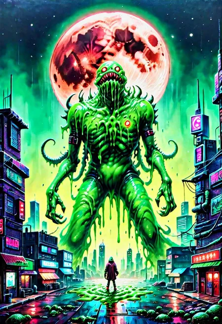 green slime monster,full blood moon,at cyberpunk city