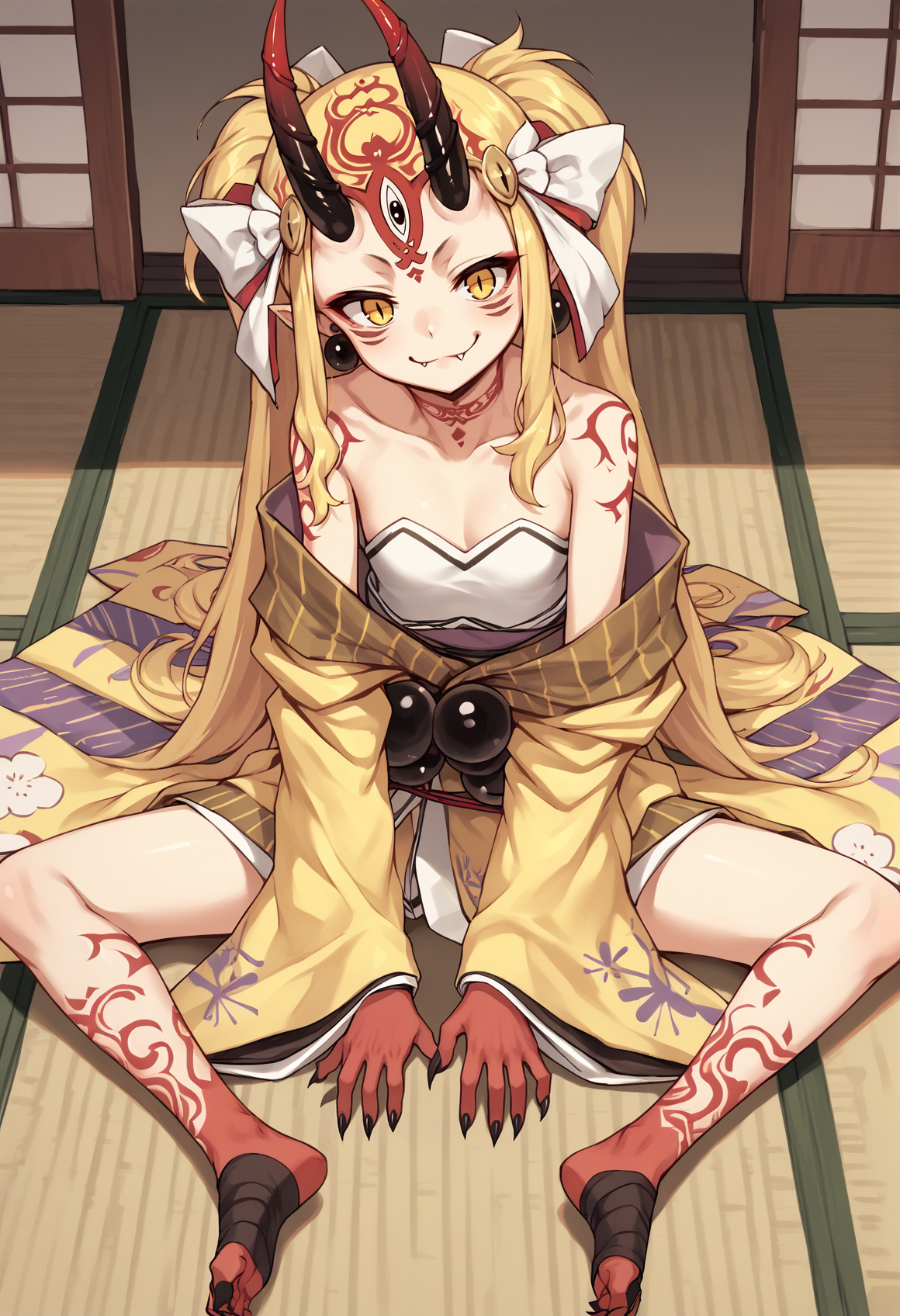 1girl, long hair, blonde hair, sidelocks, yellow eyes, pointy ears, facial mark, tattoo, forehead mark, oni, horns, sharp fingernails, japanese clothes, yellow kimono, headdress, feathers, earrings, jewelry, beads, off-shoulder, wide sleeves, barefoot, sitting, indoors, japanese house, smug, closed mouth, fang, from above <lora:Ibaraki_Douji_XL:1>, score_9, score_8_up, score_7_up, score_6_up, score_5_up, score_4_up, BREAK source_anime, masterpiece