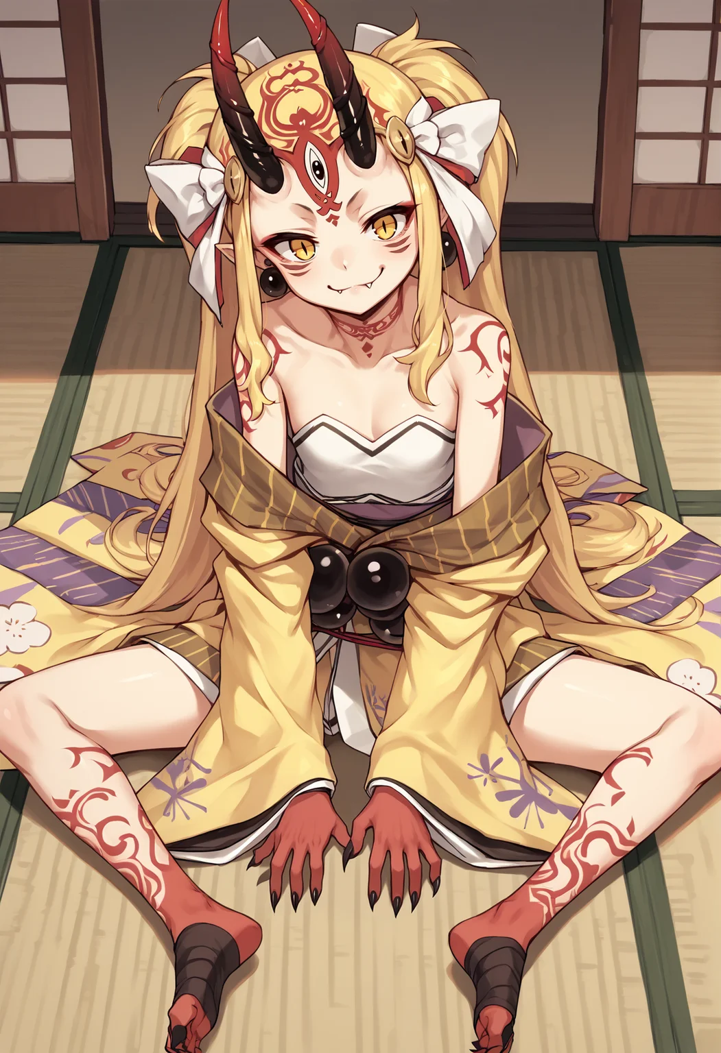 1girl, long hair, blonde hair, sidelocks, yellow eyes, pointy ears, facial mark, tattoo, forehead mark, oni, horns, sharp fingernails, japanese clothes, yellow kimono, headdress, feathers, earrings, jewelry, beads, off-shoulder, wide sleeves, barefoot, sitting, indoors, japanese house, smug, closed mouth, fang, from above <lora:Ibaraki_Douji_XL:1>, score_9, score_8_up, score_7_up, score_6_up, score_5_up, score_4_up, BREAK source_anime, masterpiece