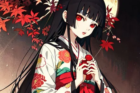 enma ai, hair down, hair black, bangs, eyes red, masterpiece, best quality, ultra-detailed, illustration, 1girl, solo, highres, photorealistic, ultra high res, (Original illustration composition), (fusion of limited color,Maximalism artstyle, kimono fashion, double exposure, background, illustration, Amazing, lily spider, night darkness, open one's mouth, finger