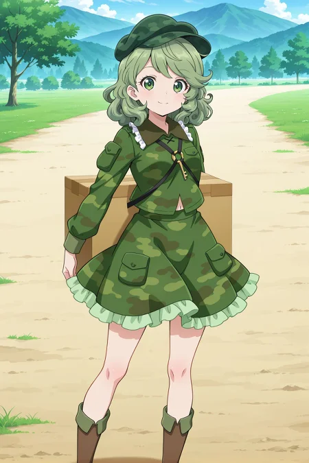 absurdres, highres, masterpiece, best quality, amazing quality, official anime artwork, screencap, anime screencap, outdoors, looking at viewer, light smile, dynamic pose, standing,
<lora:Takane-Yamashiro_Illustrious:1> yamashiro takane, 1girl, solo, green eyes, green hair, medium hair,, aqua hat, flat cap, key, green shirt, camouflage shirt, long sleeves, pocket, green skirt, camouflage skirt, frilled skirt, brown boots, shoulder strap, box,