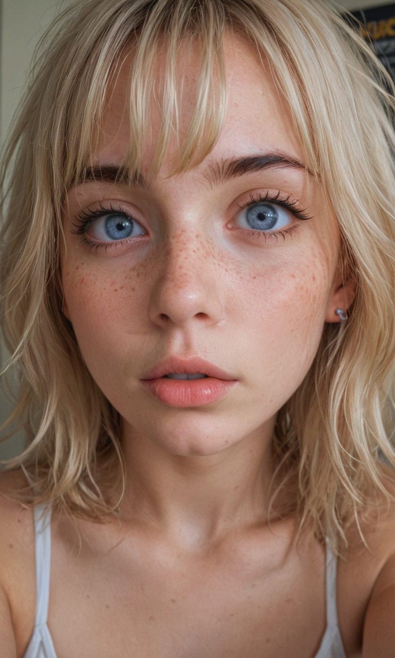 4k selfie with a surprised expression, deep focus, split-diopter lens, close-up, focus on her eyes, cluttered bedroom, posters on walls, ring lighting, long shaggy blonde (bangs between eyes, dark blue eyes, freckles, blush, natural lips, natural eyes, messy hair, black eyebrows, pierced eybrow) taking a selfie, bent forward, mirror behind in distance, her back can be seen in the reflection