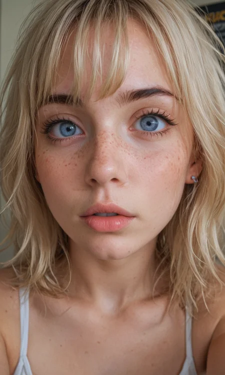 4k selfie with a surprised expression, deep focus, split-diopter lens, close-up, focus on her eyes, cluttered bedroom, posters on walls, ring lighting, long shaggy blonde (bangs between eyes, dark blue eyes, freckles, blush, natural lips, natural eyes, messy hair, black eyebrows, pierced eybrow) taking a selfie, bent forward, mirror behind in distance, her back can be seen in the reflection