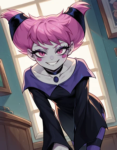 score_9, score_8_up, score_7_up, source_anime, <lora:jinx-dc-ponyxl-lora-nochekaiser_r1:1>, jinx, jinx (dc), colored skin, grey skin, hair horns, pink eyes, pink hair,, choker, long sleeves, pantyhose, striped clothes, striped pantyhose, black dress, wide sleeves, collarbone,, indoors, bent over, smile, smug, looking at viewer, solo,, cowboy shot, dutch angle