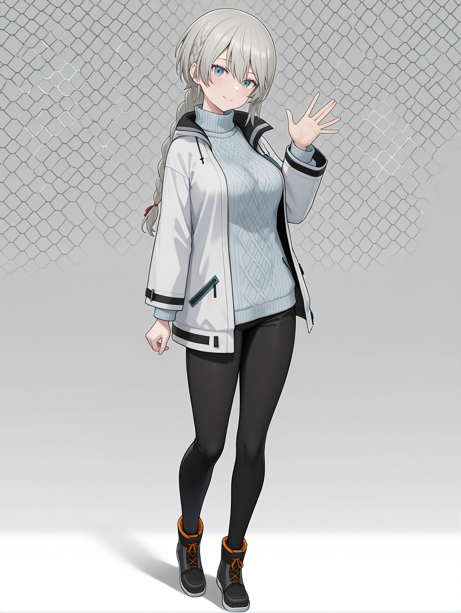 masterpiece,best quality,newest,
1girl,solo,
<lora:ADELAIDE_BLUTHAUSEN_ilxl_v1.0:1>,a_bluthausen,grey hair,blue eyes,braided ponytail,
s_nase,white jacket,long sleeves,turtleneck sweater,black pants,ankle boots,
<lora:Fixhands_anime_bdsqlsz_V1:1>,face_focus,looking_at_viewer,full body,honeycomb_background,standing,light_blush,white_background,seductive_smile,waving,