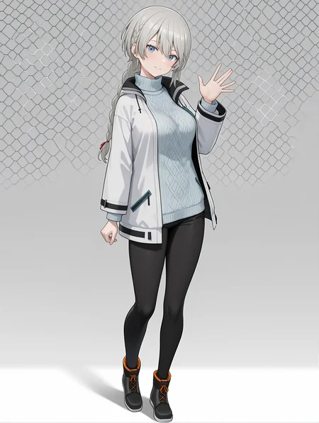 masterpiece,best quality,newest,
1girl,solo,
<lora:ADELAIDE_BLUTHAUSEN_ilxl_v1.0:1>,a_bluthausen,grey hair,blue eyes,braided ponytail,
s_nase,white jacket,long sleeves,turtleneck sweater,black pants,ankle boots,
<lora:Fixhands_anime_bdsqlsz_V1:1>,face_focus,looking_at_viewer,full body,honeycomb_background,standing,light_blush,white_background,seductive_smile,waving,