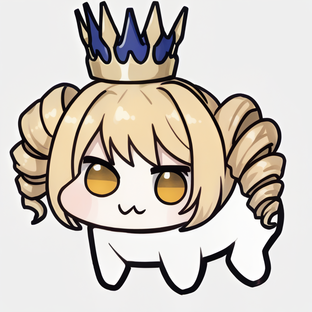 <lora:Doro_X_PDXL_V1:1.0>, doro, creature, :3, chibi, no humans, four legs, solid circle eyes, no pupils, white skin,  <lora:aishakr-ponyxl-beta3-08:0.9>, aishakr, drill hair, twin drills, yellow eyes, crown, simple background, white background,