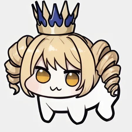 <lora:Doro_X_PDXL_V1:1.0>, doro, creature, :3, chibi, no humans, four legs, solid circle eyes, no pupils, white skin, <lora:aishakr-ponyxl-beta3-08:0.9>, aishakr, drill hair, twin drills, yellow eyes, crown, simple background, white background,