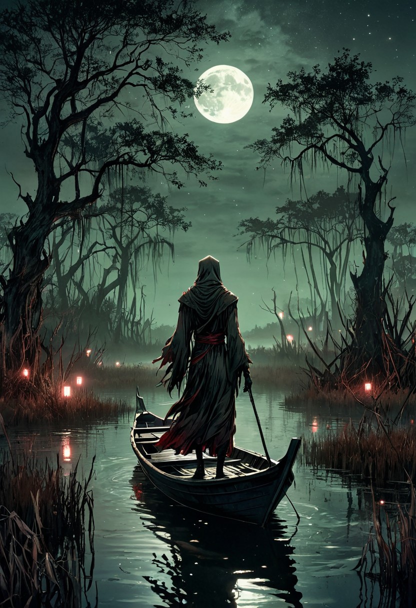 linquivera,  Ink illustration, (anime:0.5), brown tones, aged black red paper, inkpunk, moonlight,surreal, a ghost standing on a boat in swampy wetlands, (at a distance), Will-o'-the-wisp, moonlit, lonely, solitude, windy, tall trees, willows, willowy,  OverallDetail, extremely detailed, UHD,(long exposure , dystopian but extremely beautiful:1.4),