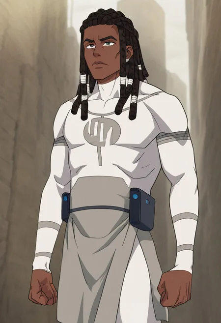 masterpiece, best quality, newest, absurdres, highres, anime, anime style, solo, solo focus,
VILTFit-V1.0-Withemblem, VILTemblem-V1.0, bodysuit, white bodysuit,
1boy, dark skin, dark-skinned male, dredlocks, white dreadlocks, african, african male,