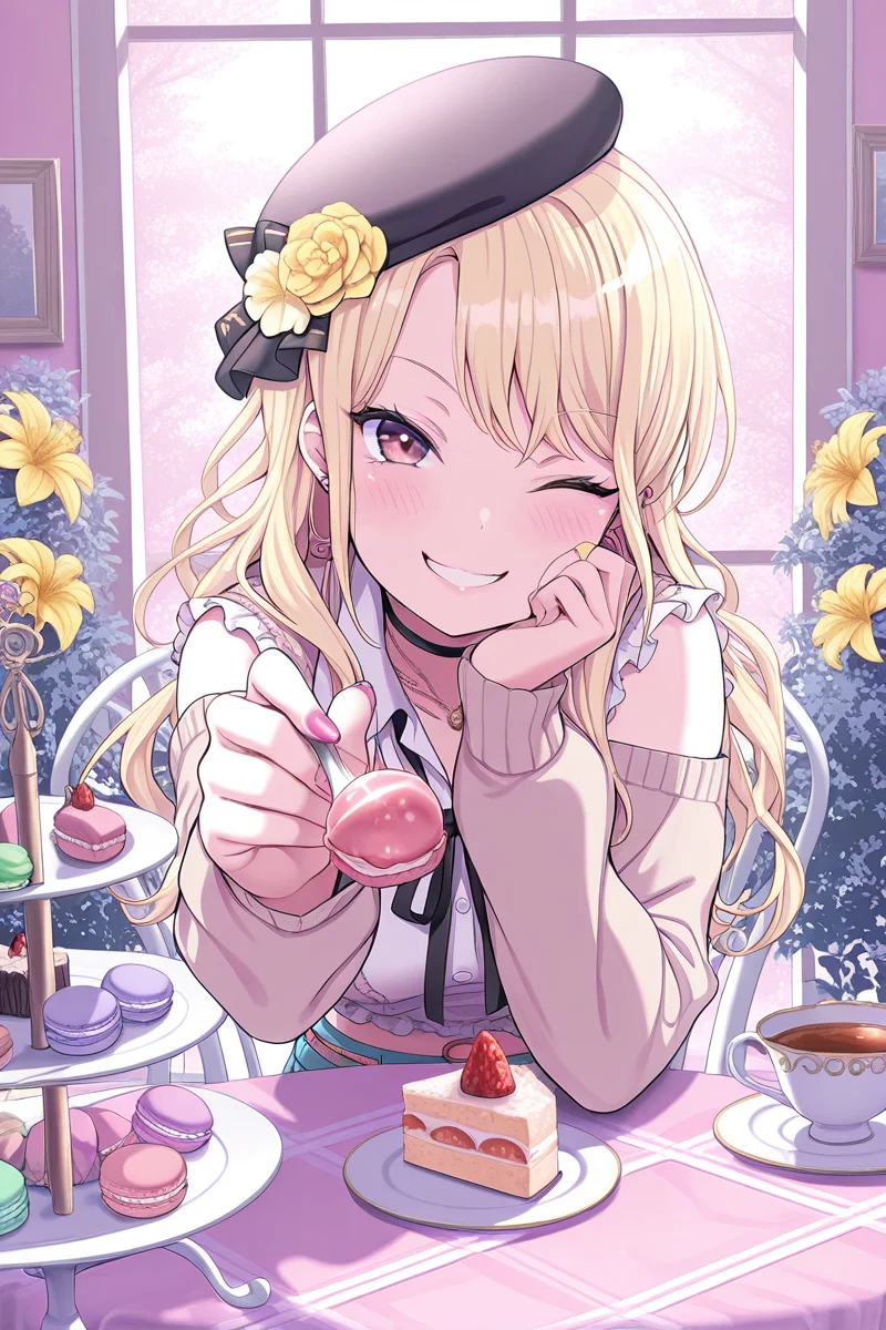 masterpiece, best quality, amazing quality,
<lora:Touko_IL:1> touko, 1girl, food, teacup, cup, one eye closed, cake, macaron, flower, solo, yellow flower, hat, table, blonde hair, incoming food, looking at viewer, smile, fruit, gyaru