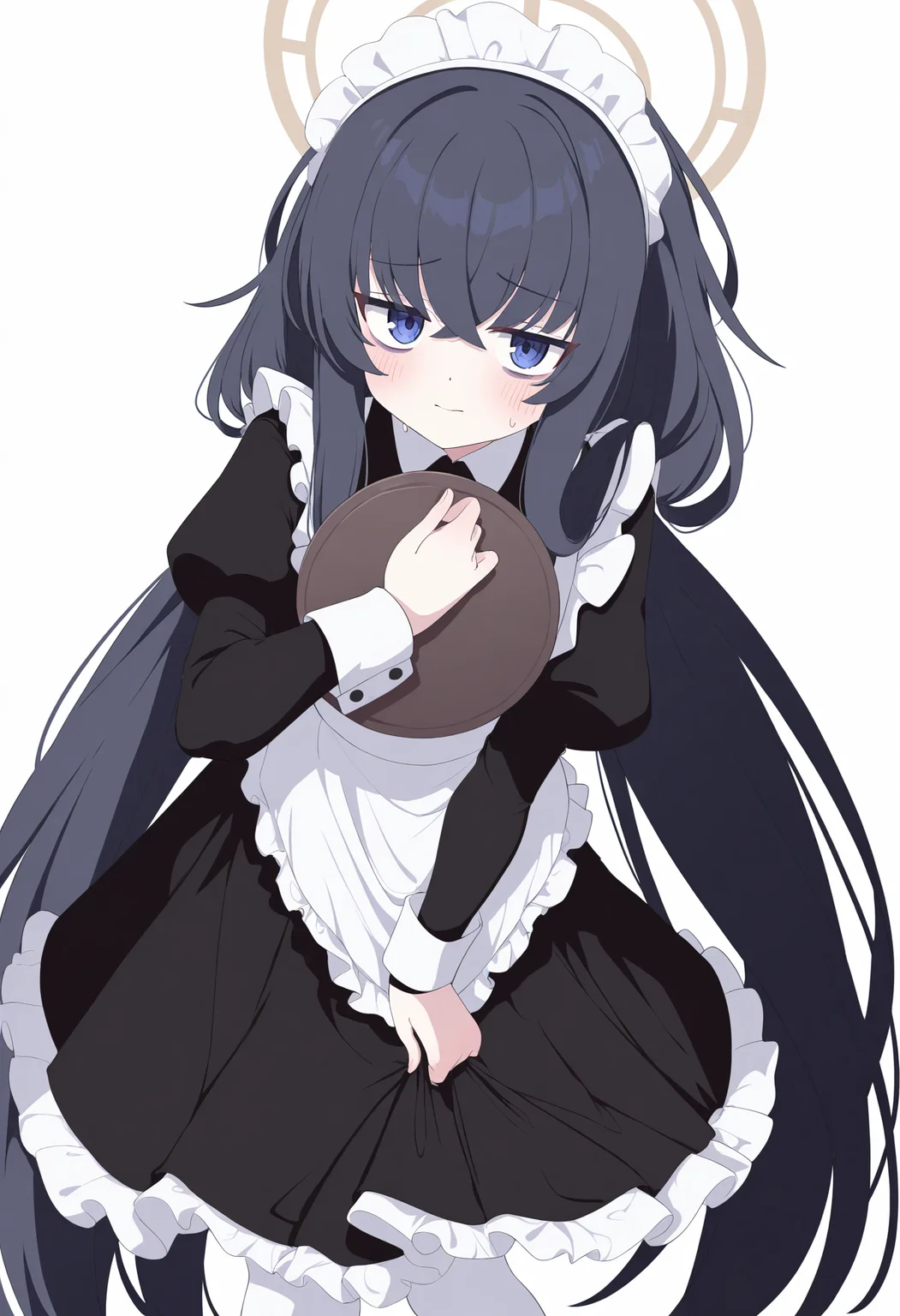 1girl, ui \(blue archive\), blue archive,
solo, maid, alternate costume, looking at viewer, puffy sleeves, wrist cuffs, black dress, bags under eyes, halo, frilled apron, dress, white apron, cowboy shot, holding tray, pantyhose, maid headdress, simple background, apron, white background, standing, white pantyhose, maid apron, black hair, frills, holding, blush, tray, enmaided, juliet sleeves, skirt hold, sweatdrop, long sleeves, blue eyes, closed mouth, very long hair, long hair,
masterpiece, best quality, newest, highres, absurdres
<lora:Siro9_noobesp11_4-000015:1>