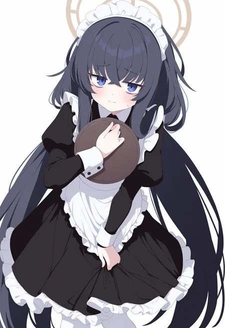 1girl, ui \(blue archive\), blue archive,
solo, maid, alternate costume, looking at viewer, puffy sleeves, wrist cuffs, black dress, bags under eyes, halo, frilled apron, dress, white apron, cowboy shot, holding tray, pantyhose, maid headdress, simple background, apron, white background, standing, white pantyhose, maid apron, black hair, frills, holding, blush, tray, enmaided, juliet sleeves, skirt hold, sweatdrop, long sleeves, blue eyes, closed mouth, very long hair, long hair,
masterpiece, best quality, newest, highres, absurdres
<lora:Siro9_noobesp11_4-000015:1>