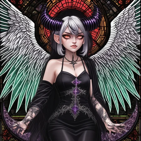 score_9, score_8_up, score_7_up, detailed background, curvy, goth girl, goat demon, magic spells, tattoos, scars, black hair red streak, cathedral stained glass windows, wings, luminous green eyes luisap, eyes, cleavage